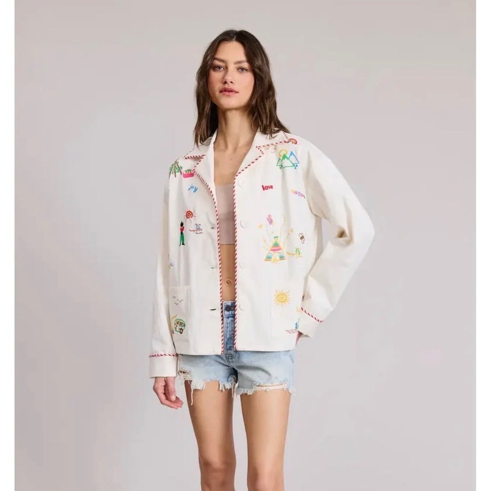 Flat White Los Angeles Embroidered White Denim Jacket XS/S Whimsical Nature NWT